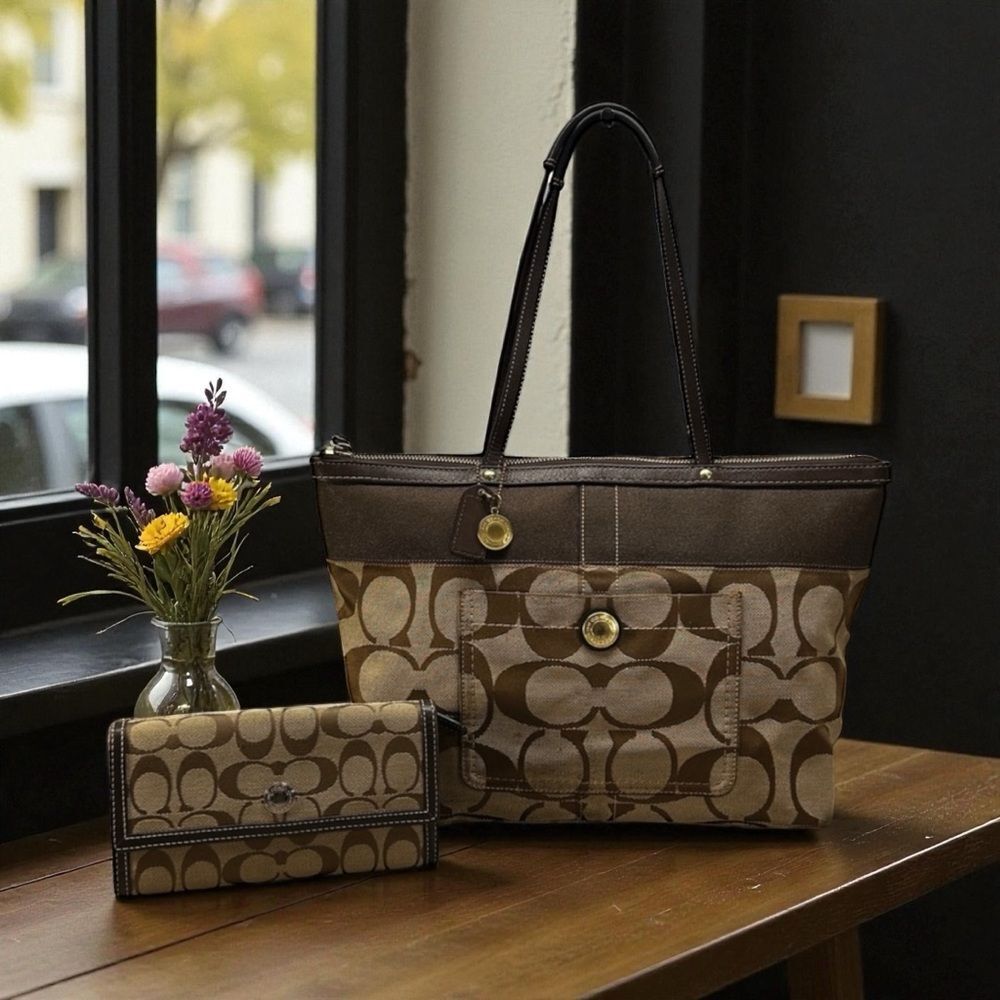 Coach Brown Signature Canvas Tote with Matching Wallet